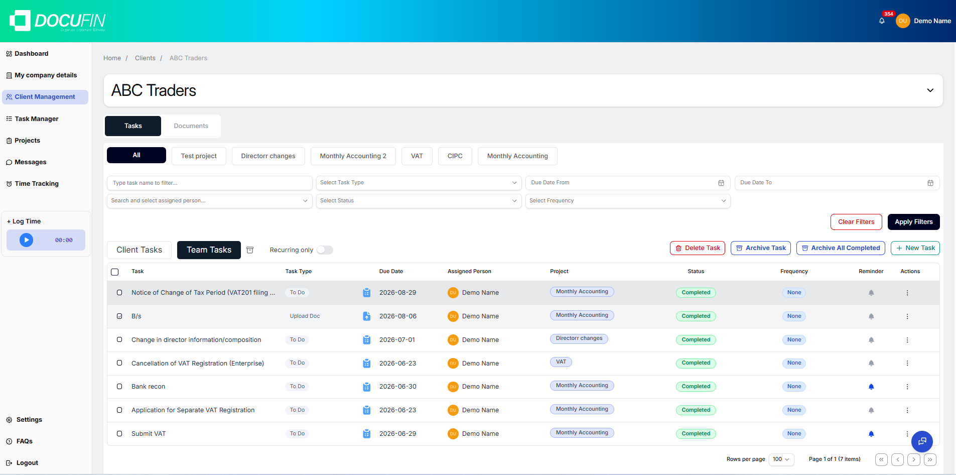 DocuFin employee task view showing assigned client and team tasks