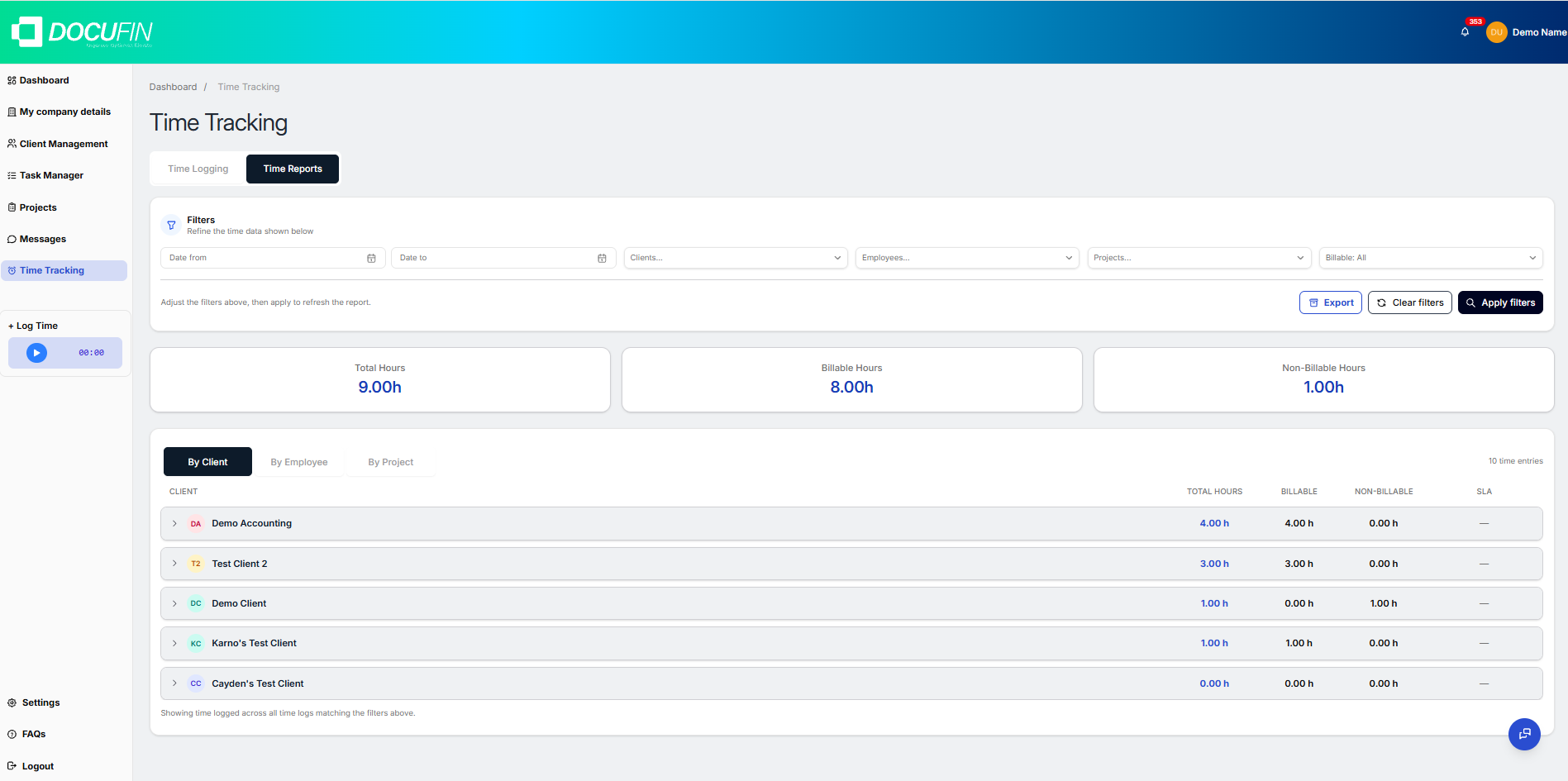 DocuFin time reports with billable and non-billable hours